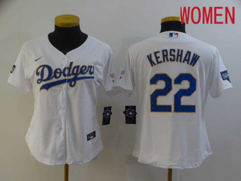 Women Los Angeles Dodgers #22 Kershaw White Game 2021 Nike MLB Jersey1